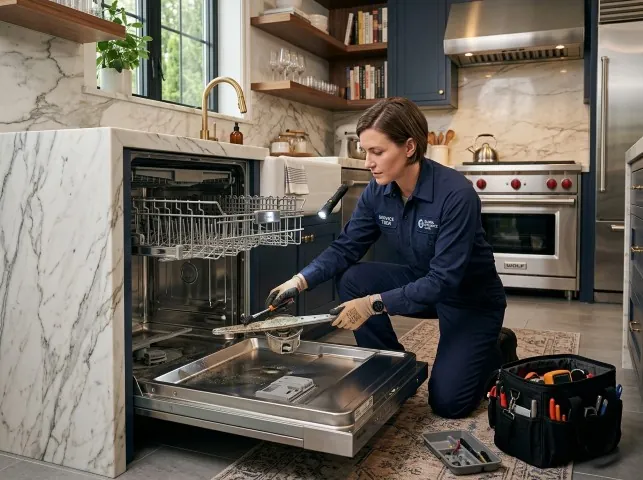 Appliance Repair Hero technician servicing a built-in dishwasher in a Bolinas, CA kitchen