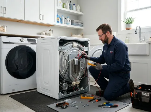 Appliance Repair Hero technician checking a dryer heating element with the rear panel off in Bolinas, CA
