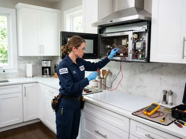 Appliance Repair Hero technician testing an over-the-range microwave in a Bolinas, CA kitchen
