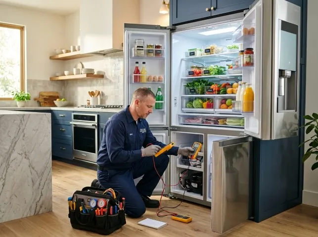 Appliance Repair Hero refrigerator technician testing a fridge on a Bolinas, CA service call