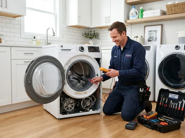 Appliance Repair Hero technician testing a front-load washer with a multimeter on a Bolinas, CA service call